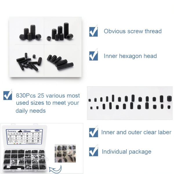 Zuorery Set Screws 830 Pcs Alloy Steel Assortment Kit-3