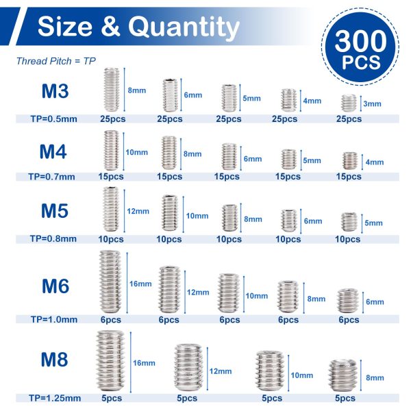 MroMax Stainless Steel Set Screws Assortment Kit 300 Pcs-2