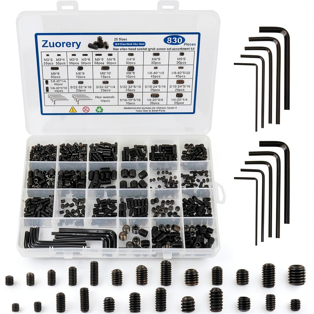 'Zuorery set screw assortment kit with labeled storage box'